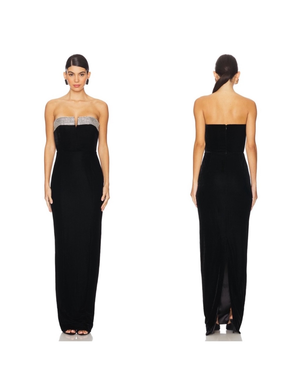 SAU LEE Venecia Velvet Crystal Embellished
Strapless Black Maxi Gown Size 2
